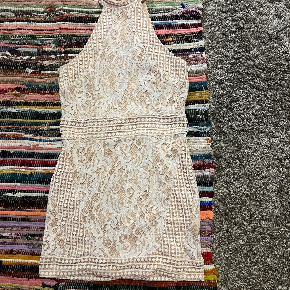 Pretty Little Thing Elegant Lace Halter Dress in Cream